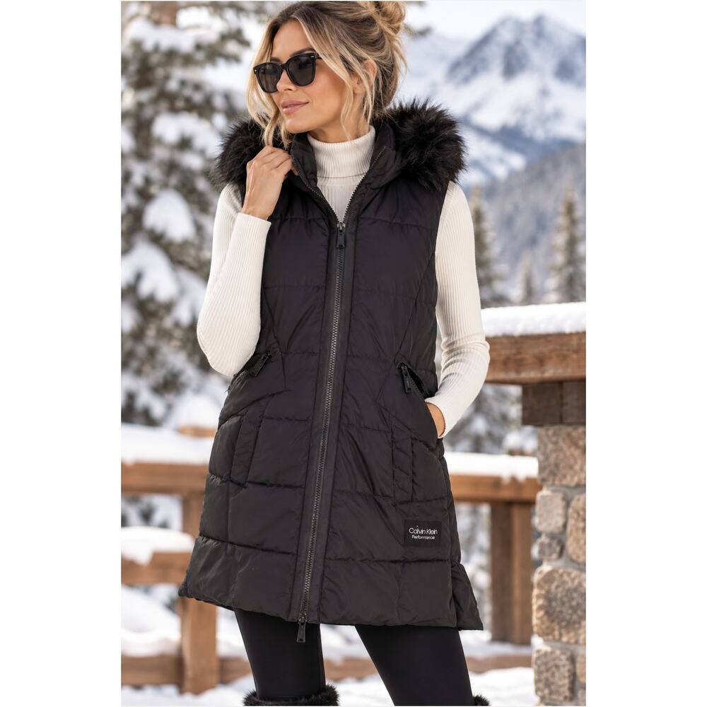 Calvin Klein Performance Puffer Vest Women XS Black Longline Faux Fur Hooded
